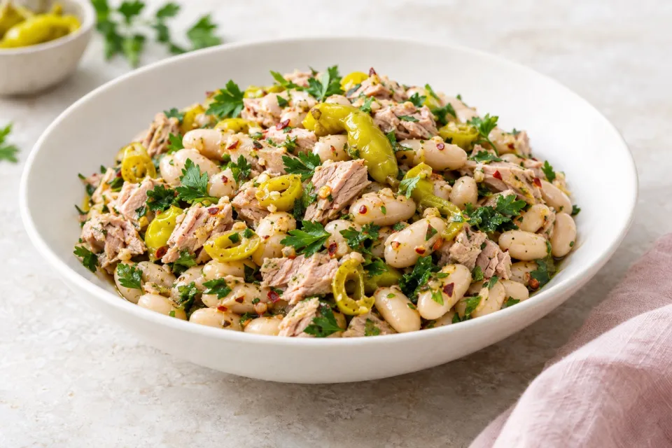 Spicy Cannellini Bean Salad with Tuna, Peperoncini, and Parsley