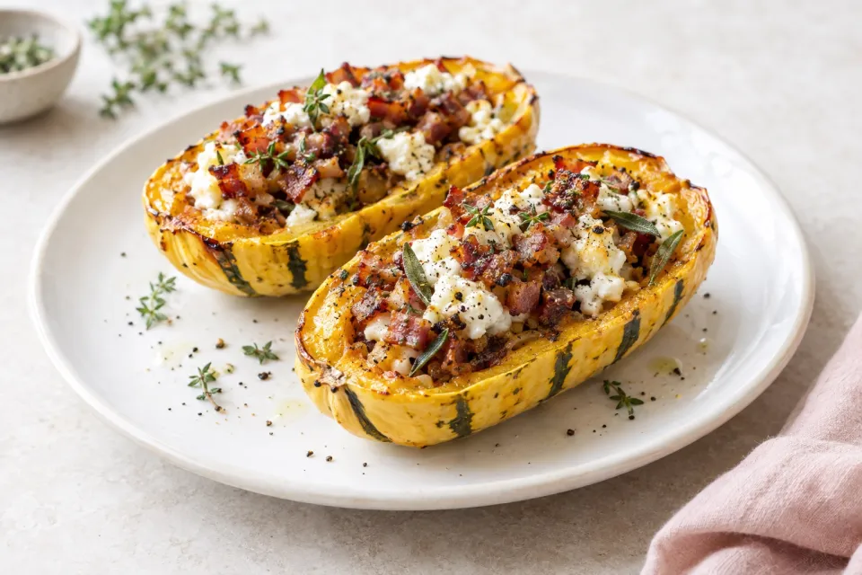 Stuffed Delicata Squash with Pancetta and Goat Cheese