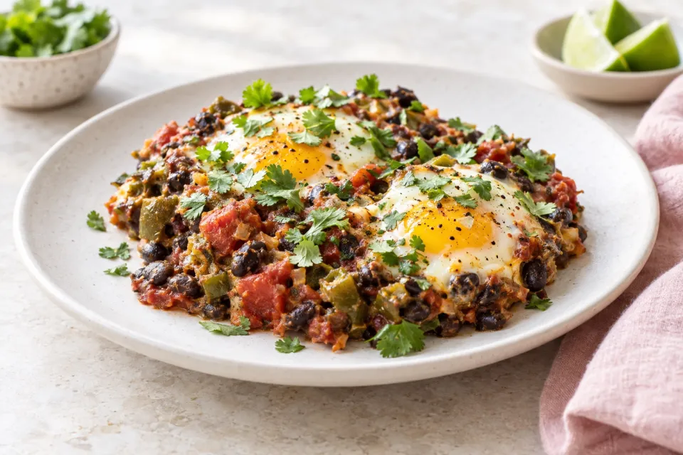 Mexican Baked Eggs with Black Beans, Tomatoes, Green Chiles, and Cilantro