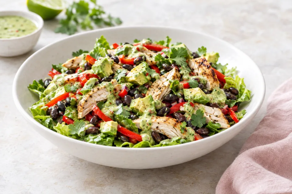 Chicken, Black Bean, and Red Pepper Salad with Spicy Avocado Dressing