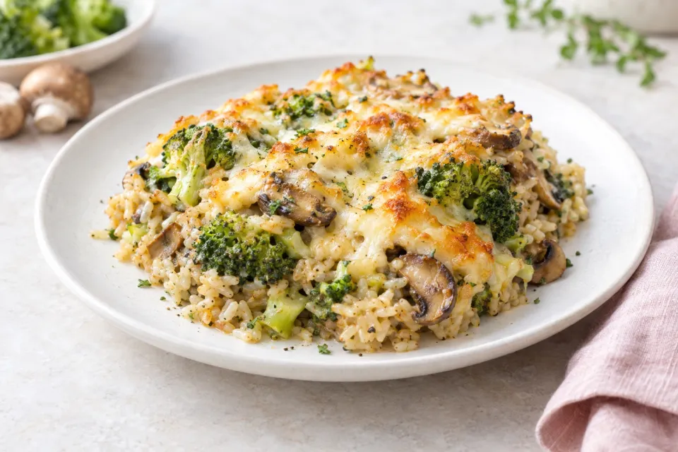 Cheesy Vegetarian Brown Rice Casserole with Broccoli and Mushrooms