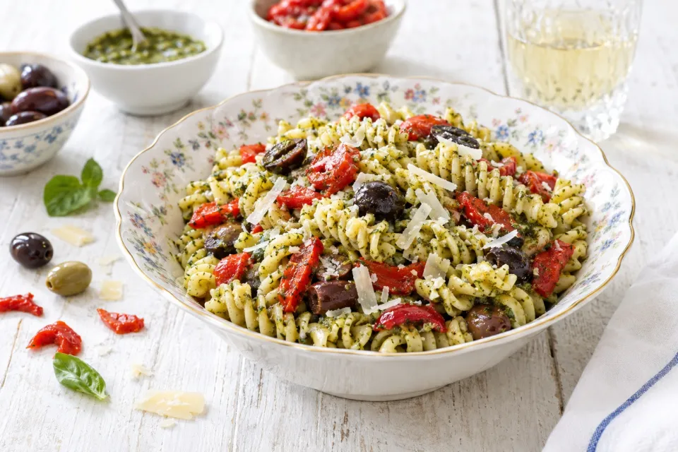 Easy Pesto Pasta Salad with Olives and Roasted Red Peppers