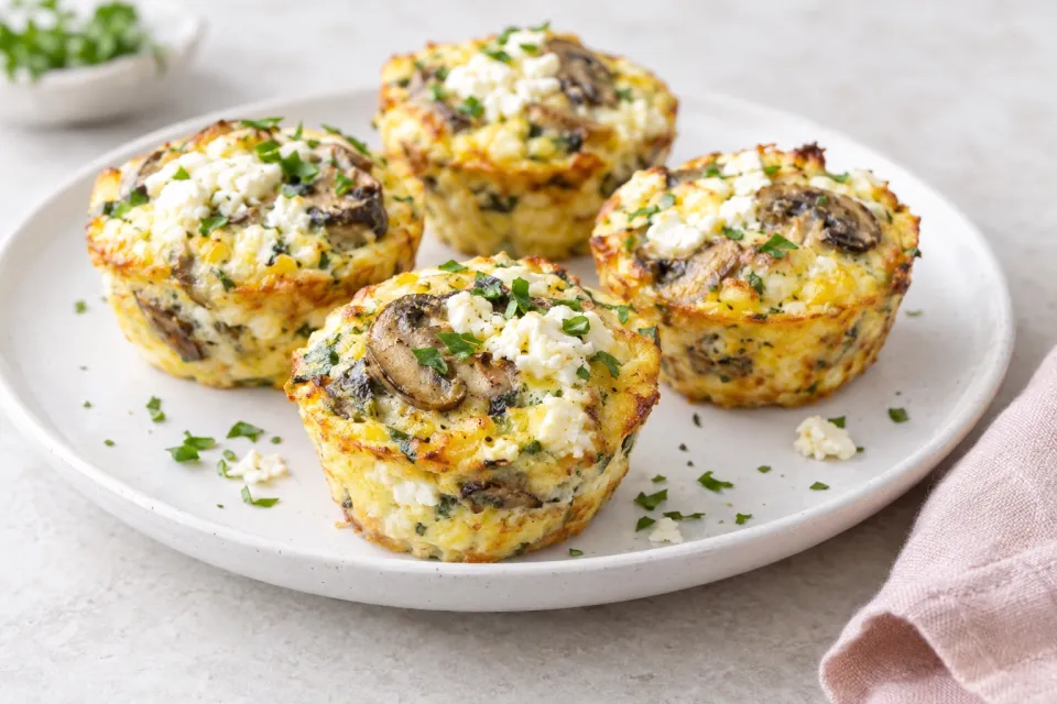 Cottage Cheese and Egg Breakfast Muffins with Mushrooms and Feta Cheese