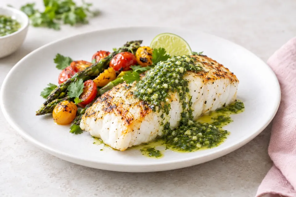 Grilled Halibut with Garlic Cilantro Sauce