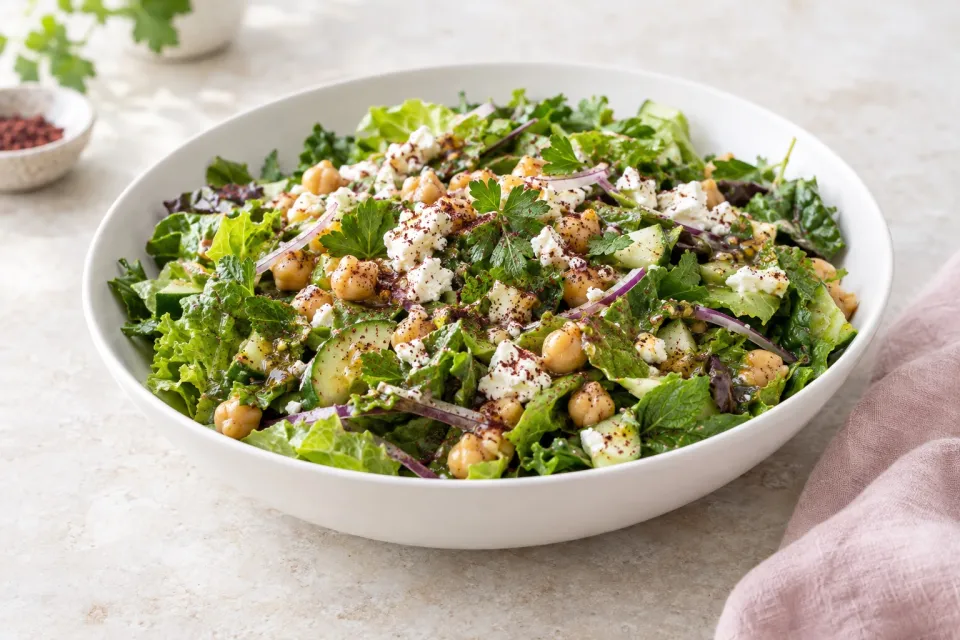 Leafy Greens Salad with Chickpeas, Feta, and Sumac Dressing