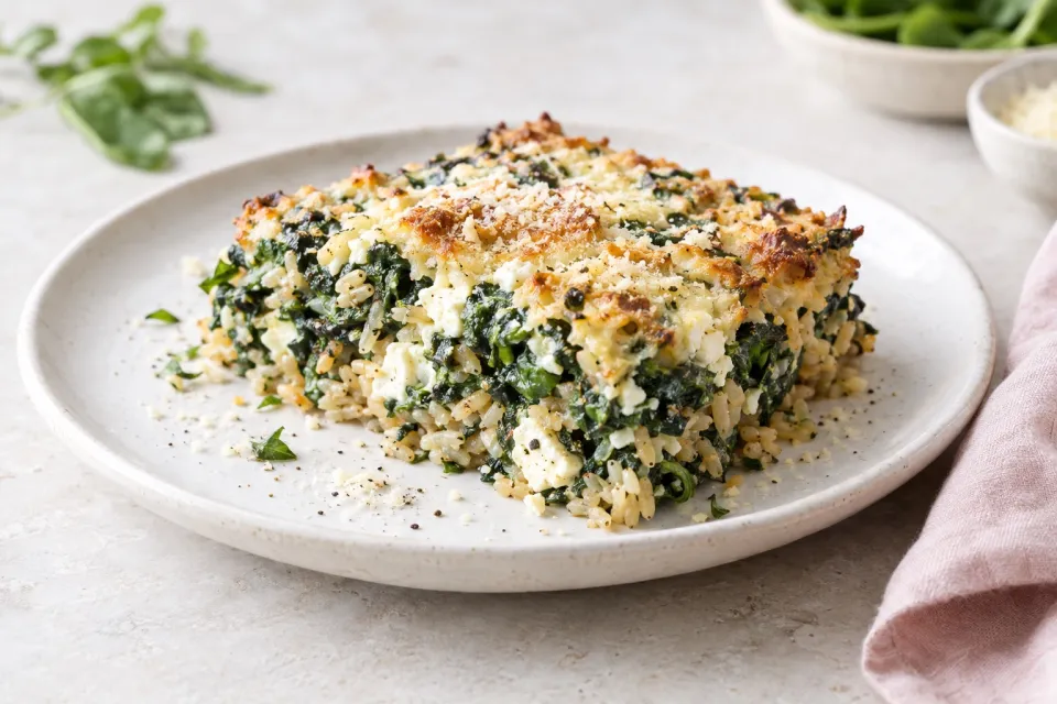Spinach and Feta Casserole with Brown Rice and Parmesan