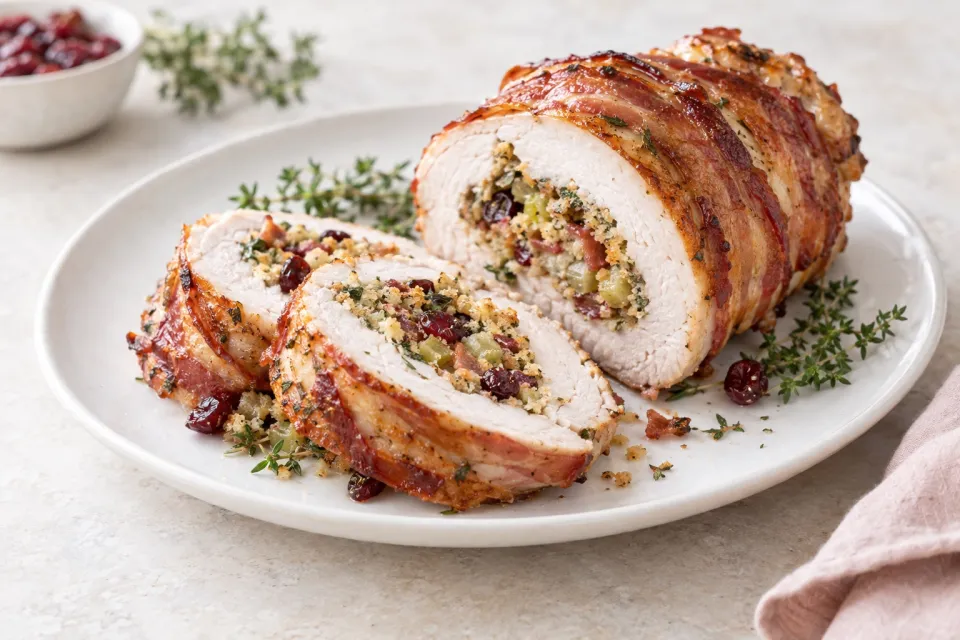 Stuffed Turkey Breast with Bacon, Cranberry, Breadcrumb Stuffing