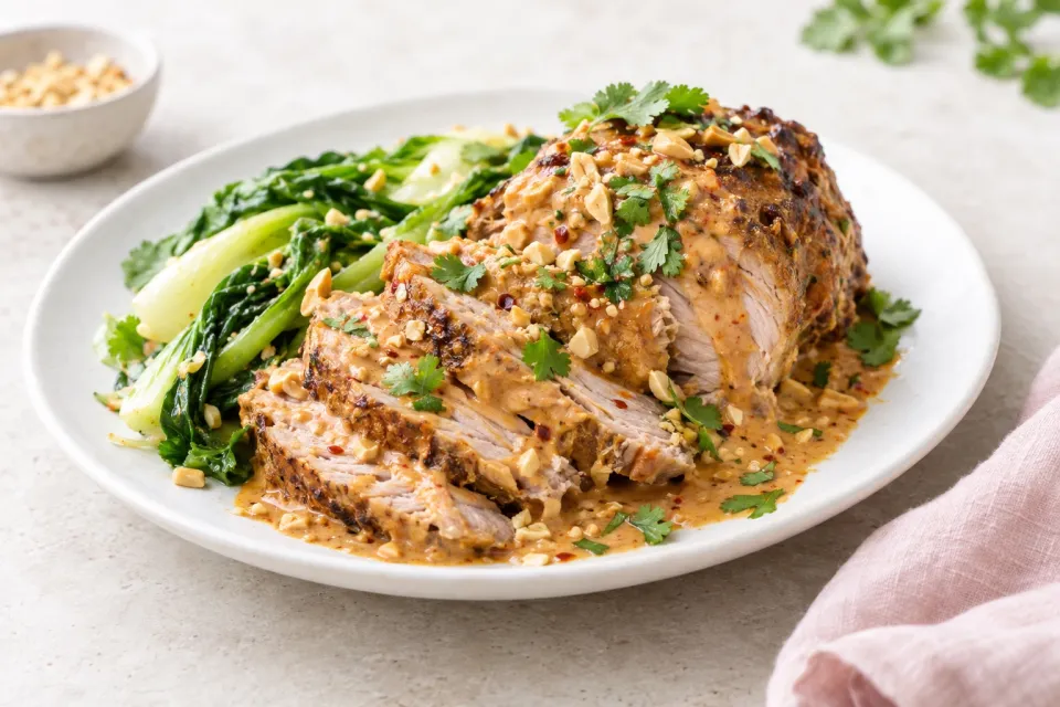 Low-Carb Slow Cooker Pork Roast with Spicy Peanut Sauce
