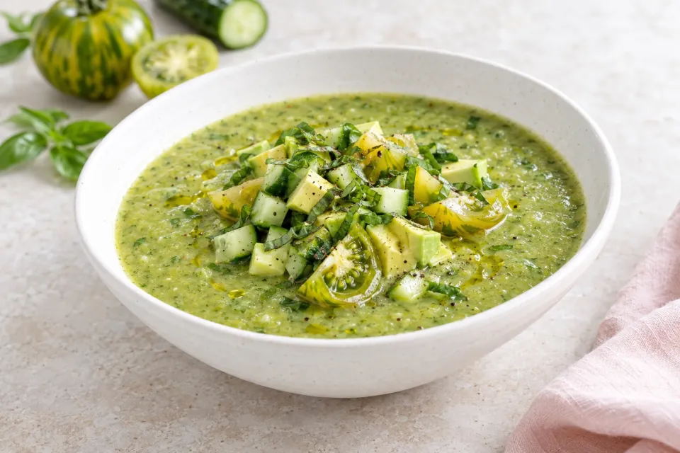Green Tomato Gazpacho with Green Zebra Tomatoes, Cucumber, and Avocado