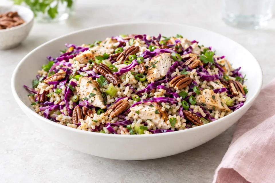 Brown Rice Salad with Chicken , Red Cabbage, and Pecans
