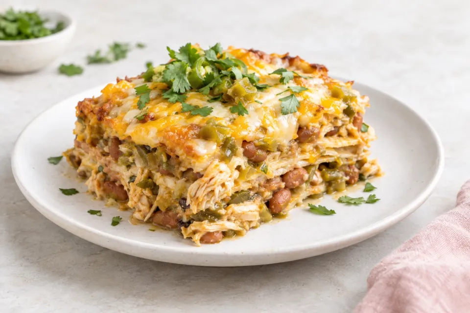 Layered Mexican Casserole with Chicken, Green Chiles, Pinto Beans, and Cheese