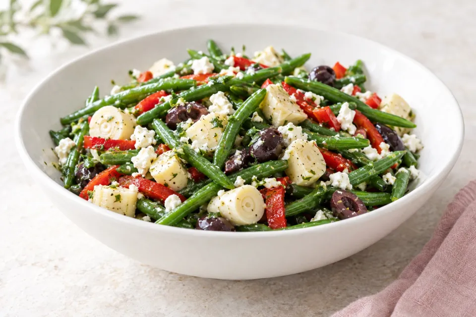 Green Bean Salad with Hearts of Palm, Olives, Red Pepper, and Feta