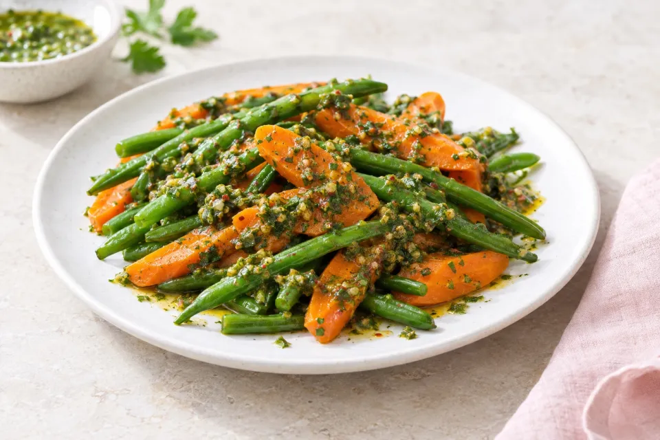 Steamed Green Beans and Carrots with Charmoula Sauce