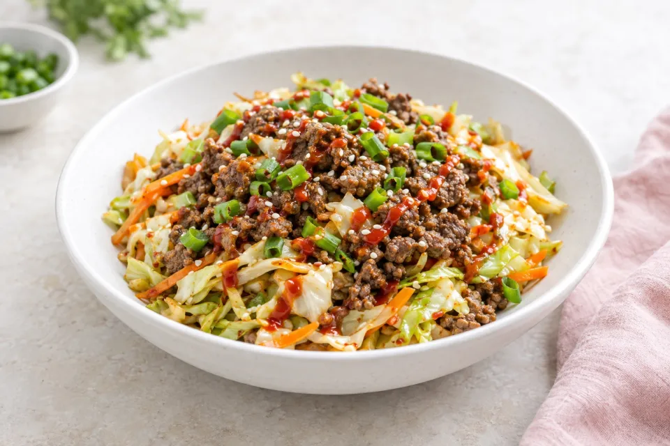 Low-Carb Sriracha Beef Cabbage Bowl