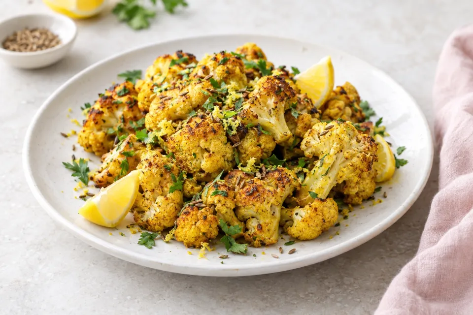 Low-Carb Roasted Curried Cauliflower with Lemon and Cumin