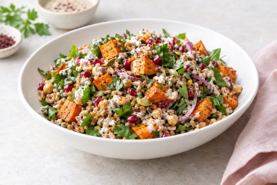 Vegan Farro and Sweet Potato Salad with Tahini-Sumac Vinaigrette