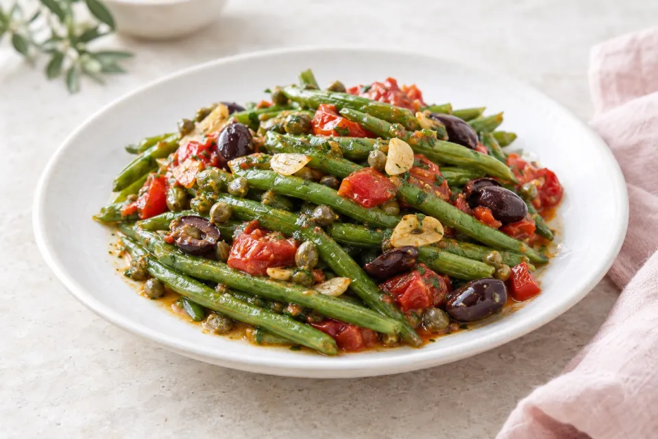 Braised Green Beans with Garlic, Tomatoes, Olives, and Capers