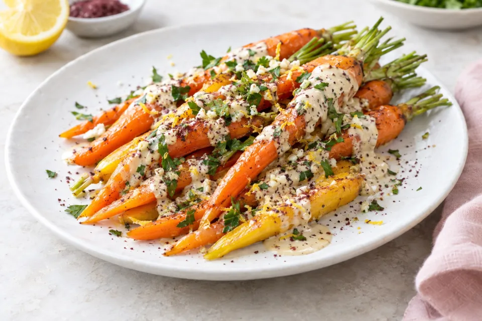 Easy and Amazing Barely-Cooked Carrots with Tahini, Lemon, Garlic, and Sumac Dressing