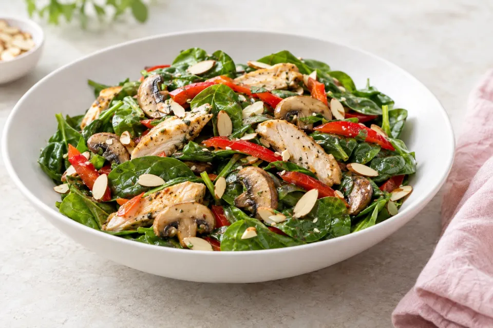 Asian Spinach Salad with Chicken, Mushrooms, Peppers, and Almonds