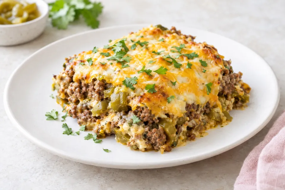 Beefy and Cheesy Low-Carb Green Chile Bake
