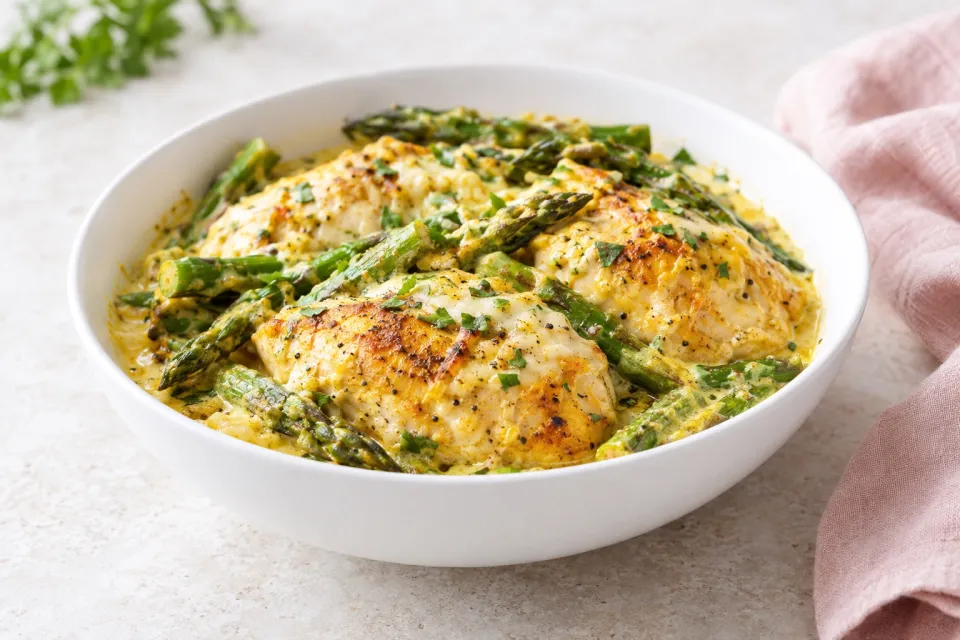 Low-Carb Chicken and Asparagus Bake with Creamy Cheesy Curry Sauce