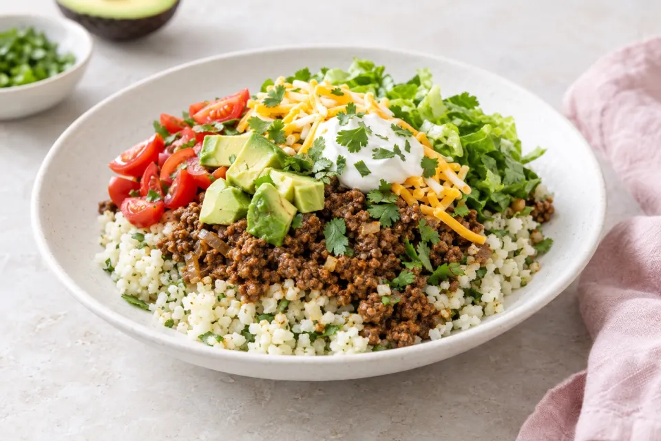 Low-Carb Ground Beef Cauliflower Rice Taco Bowls