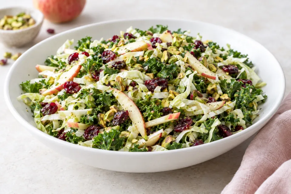 Cabbage, Apple, and Kale Salad with Cranberries and Pistachios