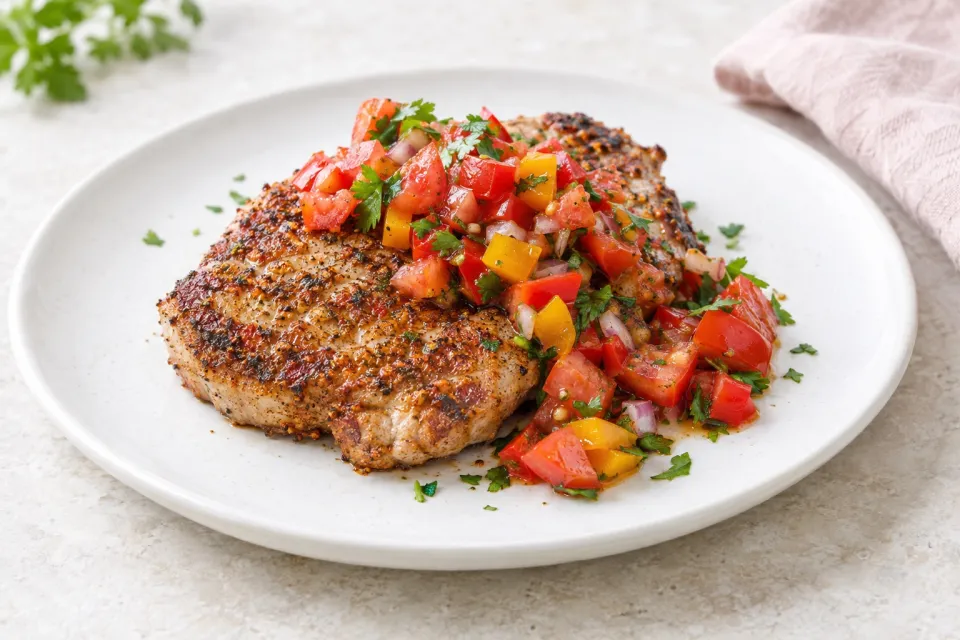 Creole-Seasoned Pan-Fried Pork with Tomato-Pepper Salsa