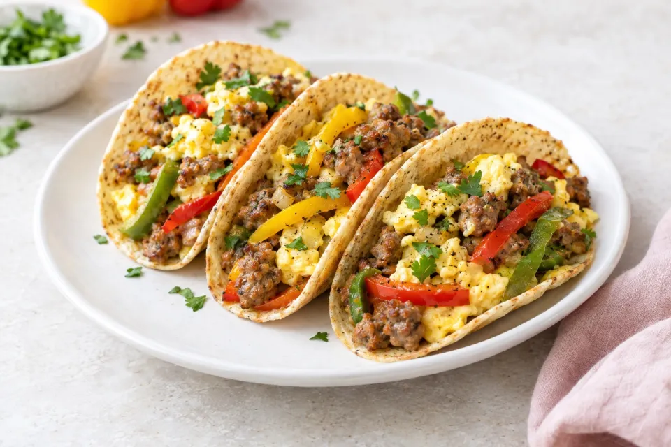 Low-Carb Breakfast Tacos with Sausage, Peppers, and Eggs