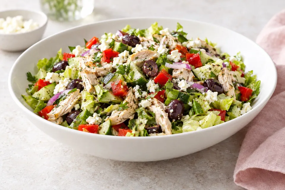Leftover Chicken Chopped Salad with Red Pepper, Olives, and Feta