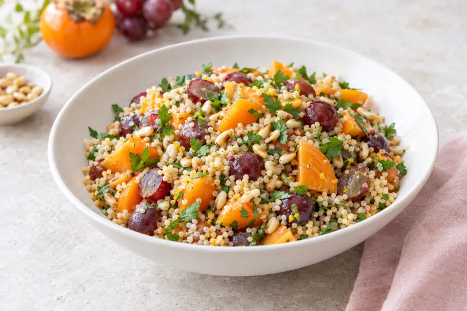 Whole Wheat Couscous Salad with Persimmon, Grapes, and Pine Nuts
