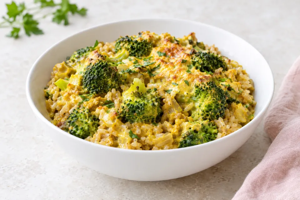 Vegetarian Brown Rice and Broccoli Casserole with Creamy Curry Sauce