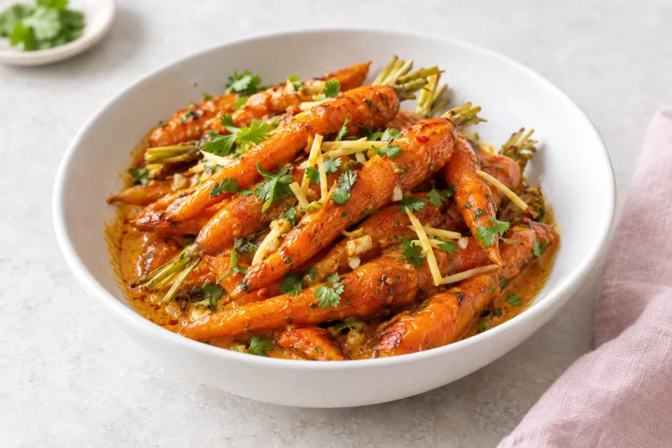Roasted Red Curry Christmas Carrots with Ginger and Garlic