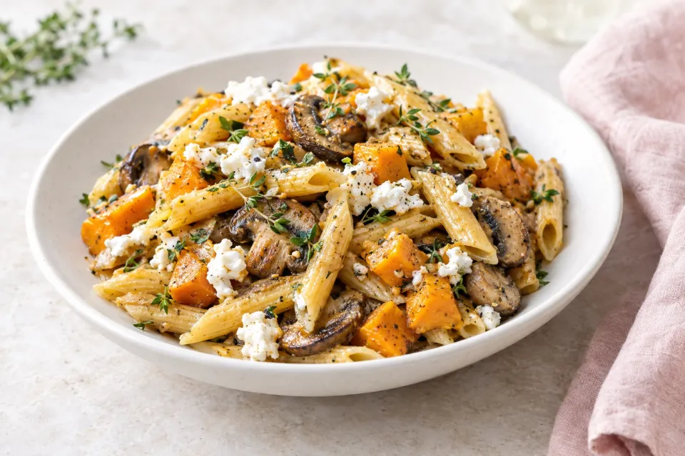 Vegetarian Penne Pasta with Butternut Squash, Mushrooms, and Goat Cheese