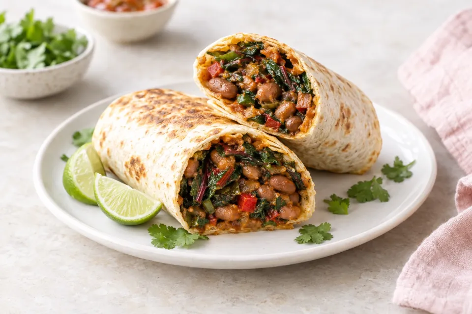 Slow Cooker Spicy Vegetarian Pinto Bean and Chard Burritos