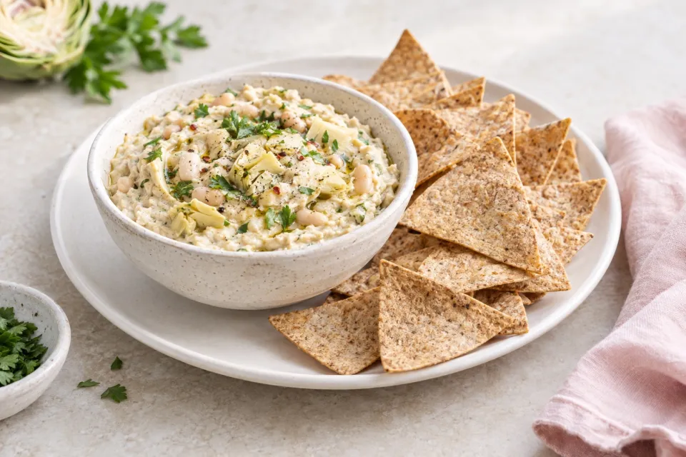White Bean and Artichoke Dip with Homemade Whole Wheat Tortilla Chips
