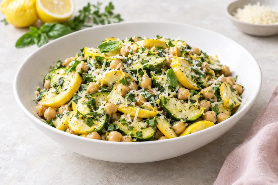 Marinated Summer Squash and Chickpea Salad with Lemon, Herbs, and Parmesan