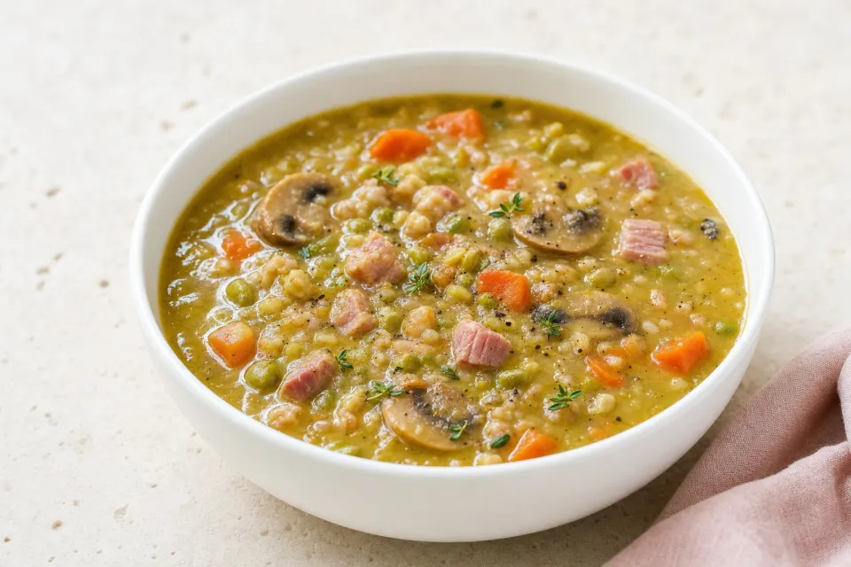 Split Pea Soup with Ham, Mushrooms, Carrots, and Wheatberries