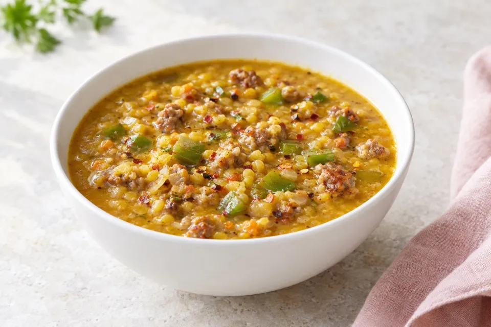 Spicy Yellow Split Pea Soup with Italian Sausage and Green Pepper