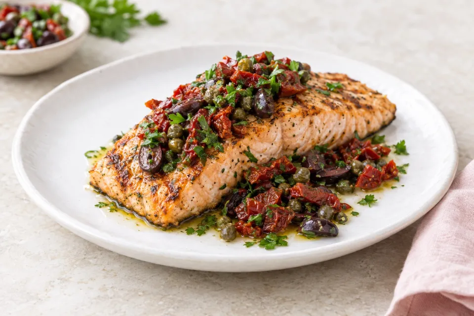 Grilled Salmon with Sun-Dried Tomato, Olive, Caper, and Parsley Relish