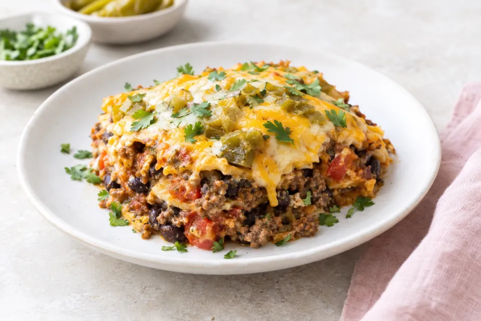 Spicy Green Chile Mexican Casserole with Ground Beef, Black Beans, and Tomatoes