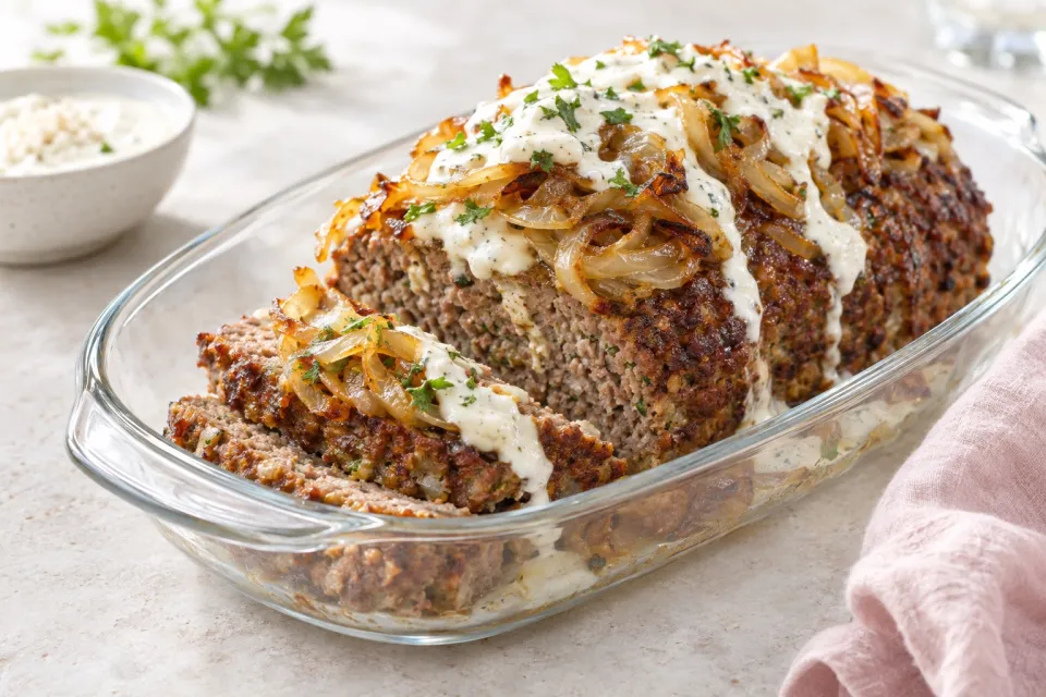 Horseradish Meatloaf with Caramelized Onions and Sour Cream-Horseradish Sauce