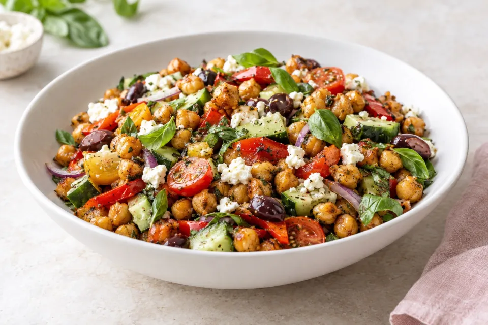 Roasted Garbanzo and Vegetable Salad with Garlic, Feta, Olives, and Basil
