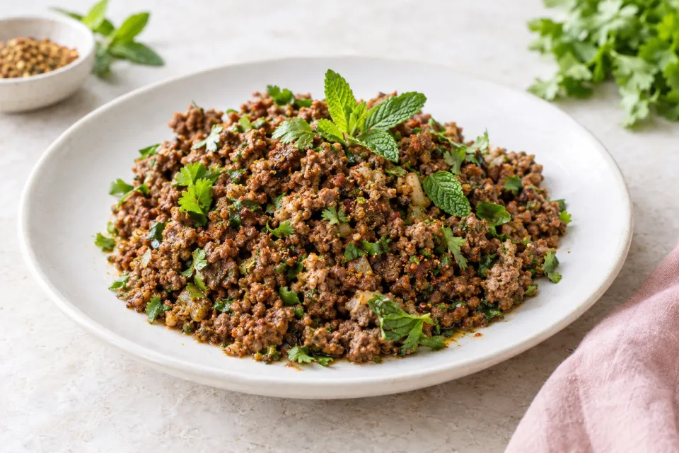 Middle Eastern Spicy Ground Beef with Baharat Seasoning, Mint, and Cilantro