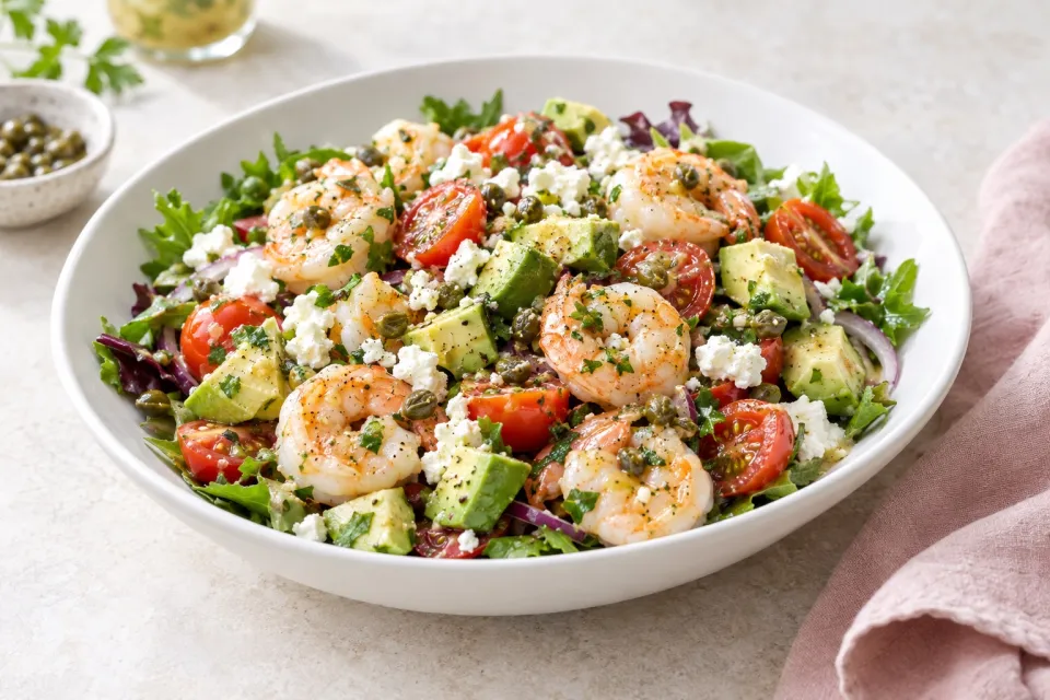 Salad with Tomatoes, Avocado, Feta, Shrimp, and Caper Vinaigrette
