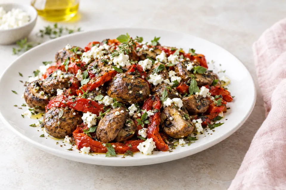 Greek Style Roasted Mushrooms with Red Pepper, Herbs, and Feta