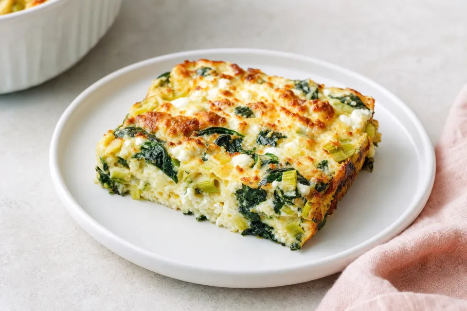 Low-Carb Breakfast Casserole with Spinach, Leeks, Cottage Cheese, and Goat Cheese