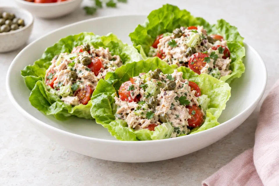 Low-Carb Tuna Salad Lettuce Wraps with Capers and Tomatoes