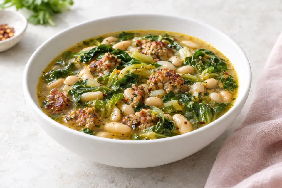 Cannellini Bean Soup with Roasted Italian Sausage and Escarole