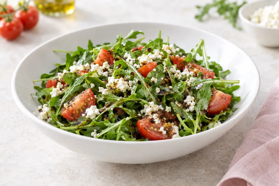 Arugula Salad with Feta and Fresh Tomato-Balsamic Vinaigrette